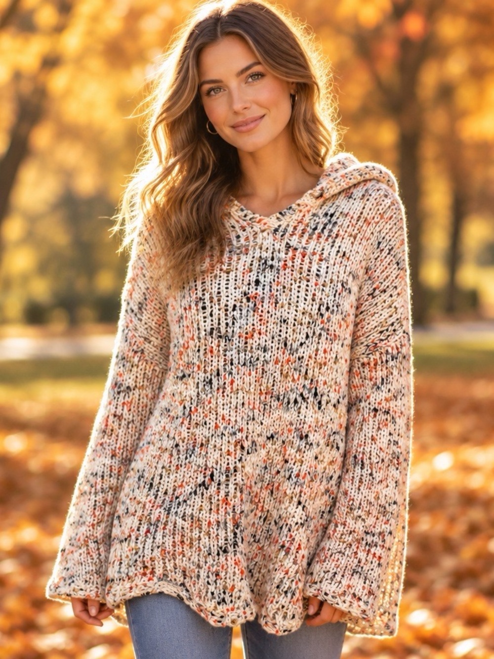 Cupio Multicolor Confetti Knit Hooded Sweater Oversized Boho Women's M